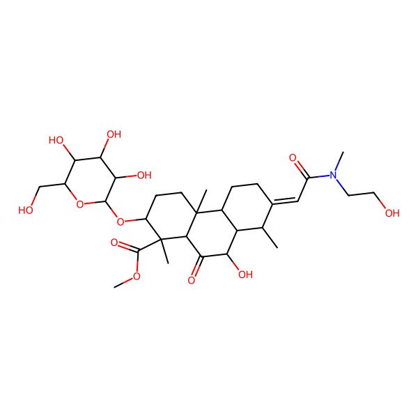 2D Structure of Methyl 9-hydroxy-7-[2-[2-hydroxyethyl(methyl)amino]-2-oxoethylidene]-1,4a,8-trimethyl-10-oxo-2-[3,4,5-trihydroxy-6-(hydroxymethyl)oxan-2-yl]oxy-2,3,4,4b,5,6,8,8a,9,10a-decahydrophenanthrene-1-carboxylate