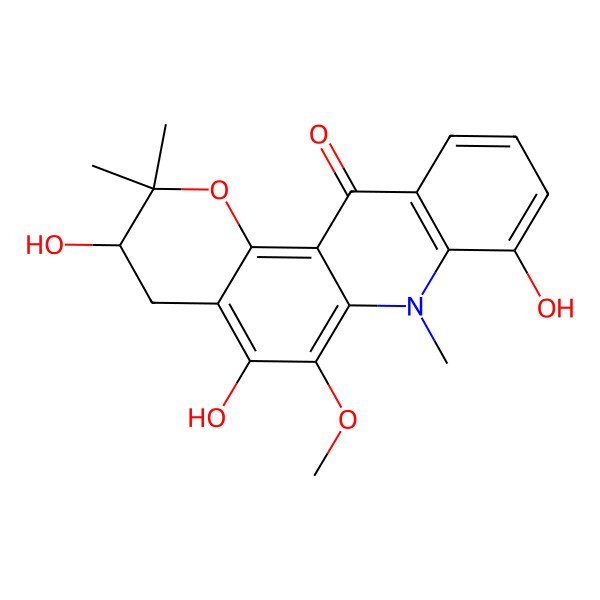 2D Structure of 3,4-dihydro-3,5,8-trihydroxy-6-methoxy-2,2,7-trimethyl-2Hpyrano[2,3-a]acridin-12(7H)-one