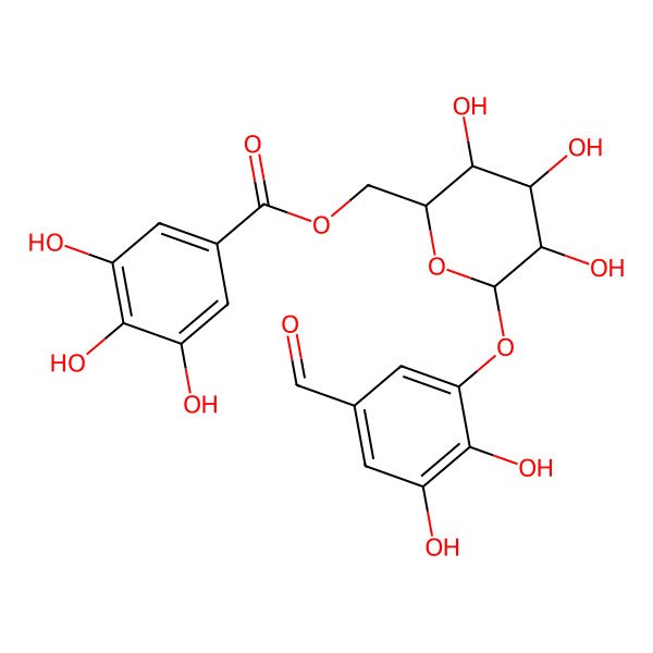 2D Structure of 3,4-Dihydroxy-5-[[6-O-(3,4,5-trihydroxybenzoyl)-beta-D-glucopyranosyl]oxy]benzaldehyde