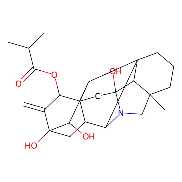 2D Structure of [(1R,5S,8R,9S,11S,13R,14R,16R,17R,18S,19R)-11,16,19-trihydroxy-5-methyl-12-methylidene-7-azaheptacyclo[9.6.2.01,8.05,17.07,16.09,14.014,18]nonadecan-13-yl] 2-methylpropanoate