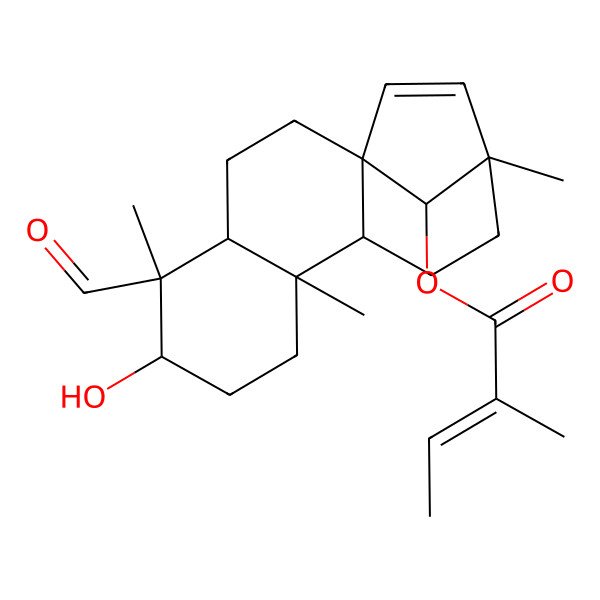 2D Structure of (5-Formyl-6-hydroxy-5,9,13-trimethyl-16-tetracyclo[11.2.1.01,10.04,9]hexadec-14-enyl) 2-methylbut-2-enoate