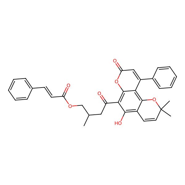 2D Structure of [(2S)-4-(5-hydroxy-2,2-dimethyl-8-oxo-10-phenylpyrano[2,3-f]chromen-6-yl)-2-methyl-4-oxobutyl] (E)-3-phenylprop-2-enoate