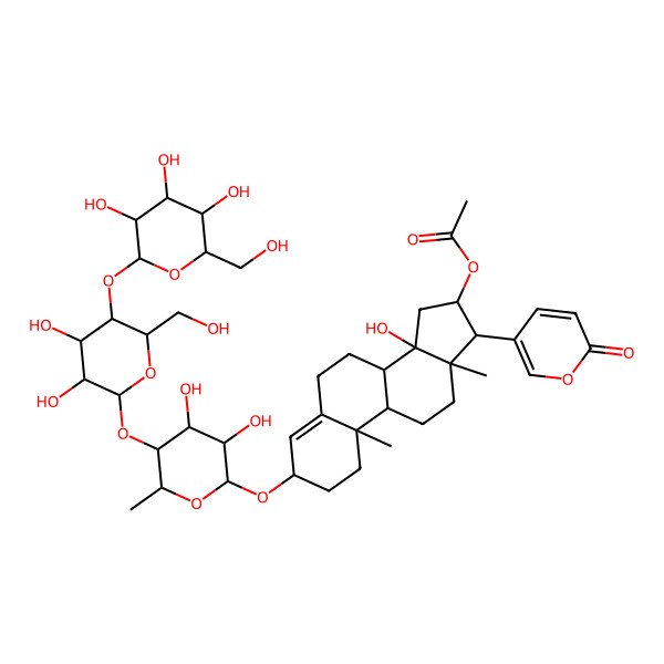 2D Structure of [(3S,8R,9S,10R,13R,14S,16S,17R)-3-[(2R,3S,4S,5R,6S)-5-[(2S,3R,4R,5S,6R)-3,4-dihydroxy-6-(hydroxymethyl)-5-[(2S,3R,4S,5S,6R)-3,4,5-trihydroxy-6-(hydroxymethyl)oxan-2-yl]oxyoxan-2-yl]oxy-3,4-dihydroxy-6-methyloxan-2-yl]oxy-14-hydroxy-10,13-dimethyl-17-(6-oxopyran-3-yl)-1,2,3,6,7,8,9,11,12,15,16,17-dodecahydrocyclopenta[a]phenanthren-16-yl] acetate