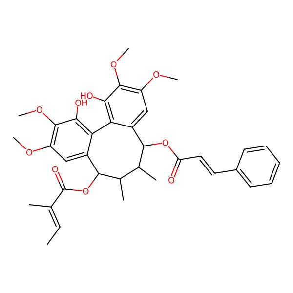 2D Structure of [3,16-Dihydroxy-4,5,14,15-tetramethoxy-9,10-dimethyl-11-(3-phenylprop-2-enoyloxy)-8-tricyclo[10.4.0.02,7]hexadeca-1(16),2,4,6,12,14-hexaenyl] 2-methylbut-2-enoate