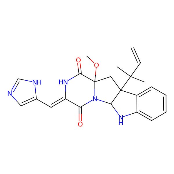 2D Structure of 4-(1H-imidazol-5-ylmethylidene)-7-methoxy-9-(2-methylbut-3-en-2-yl)-2,5,16-triazatetracyclo[7.7.0.02,7.010,15]hexadeca-10,12,14-triene-3,6-dione