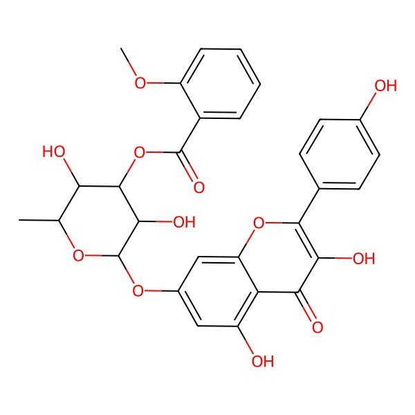 2D Structure of [(2S,3R,4R,5S,6S)-2-[3,5-dihydroxy-2-(4-hydroxyphenyl)-4-oxochromen-7-yl]oxy-3,5-dihydroxy-6-methyloxan-4-yl] 2-methoxybenzoate