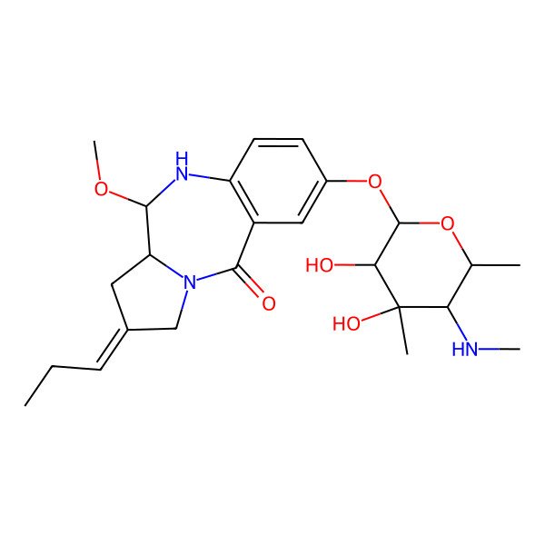 2D Structure of (6S,6aS,8Z)-2-[(2S,3S,4R,5S,6R)-3,4-dihydroxy-4,6-dimethyl-5-(methylamino)oxan-2-yl]oxy-6-methoxy-8-propylidene-6,6a,7,9-tetrahydro-5H-pyrrolo[2,1-c][1,4]benzodiazepin-11-one