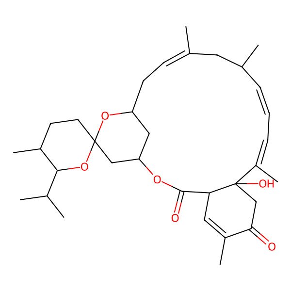2D Structure of 9-Hydroxy-5',6,10,14,16-pentamethyl-6'-propan-2-ylspiro[2,20-dioxatricyclo[17.3.1.04,9]tricosa-5,10,12,16-tetraene-21,2'-oxane]-3,7-dione