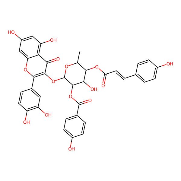 2D Structure of [2-[2-(3,4-Dihydroxyphenyl)-5,7-dihydroxy-4-oxochromen-3-yl]oxy-4-hydroxy-5-[3-(4-hydroxyphenyl)prop-2-enoyloxy]-6-methyloxan-3-yl] 4-hydroxybenzoate