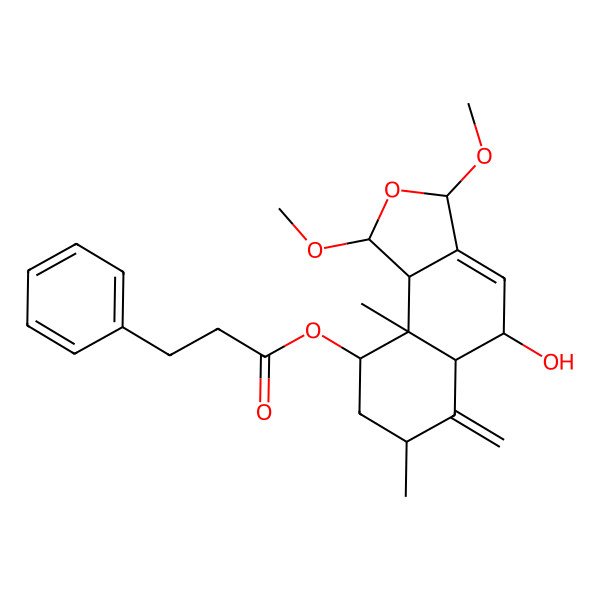2D Structure of [(1R,3S,5S,5aS,7S,9R,9aS,9bR)-5-hydroxy-1,3-dimethoxy-7,9a-dimethyl-6-methylidene-1,3,5,5a,7,8,9,9b-octahydrobenzo[e][2]benzofuran-9-yl] 3-phenylpropanoate