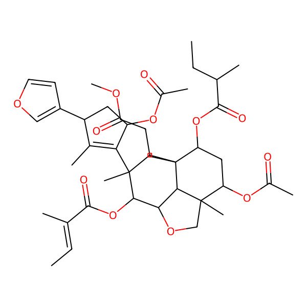 2D Structure of [5-Acetyloxy-10-[5-acetyloxy-3-(furan-3-yl)-2-methylcyclopenten-1-yl]-9-(2-methoxy-2-oxoethyl)-4,8,10-trimethyl-11-(2-methylbut-2-enoyloxy)-2-oxatricyclo[6.3.1.04,12]dodecan-7-yl] 2-methylbutanoate