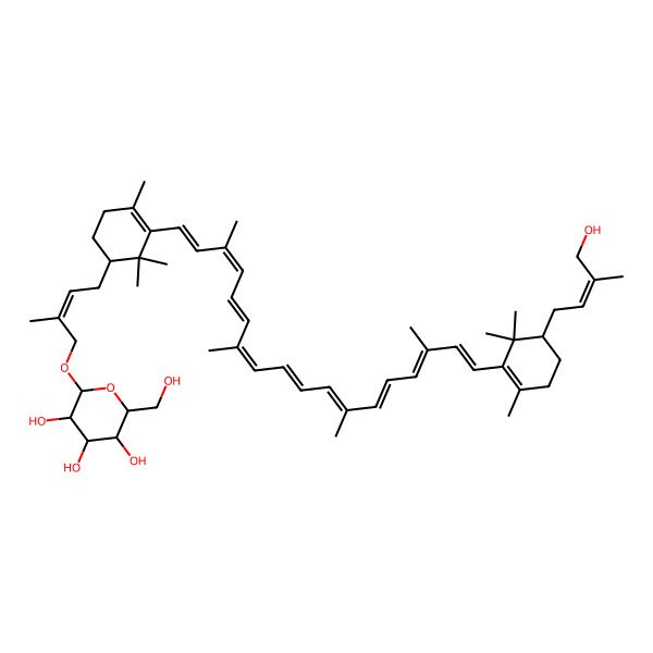 2D Structure of (2R,3S,4S,5R,6R)-2-(hydroxymethyl)-6-[(E)-4-[(1R)-3-[(1E,3E,5E,7E,9E,11E,13E,15E,17E)-18-[(5R)-5-[(E)-4-hydroxy-3-methylbut-2-enyl]-2,6,6-trimethylcyclohexen-1-yl]-3,7,12,16-tetramethyloctadeca-1,3,5,7,9,11,13,15,17-nonaenyl]-2,2,4-trimethylcyclohex-3-en-1-yl]-2-methylbut-2-enoxy]oxane-3,4,5-triol