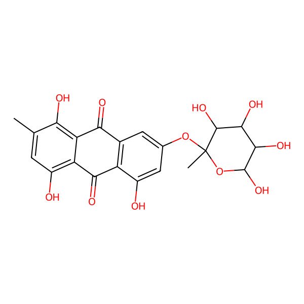 2D Structure of 1,4,5-trihydroxy-2-methyl-7-[(2R,3R,4S,5R,6R)-3,4,5,6-tetrahydroxy-2-methyloxan-2-yl]oxyanthracene-9,10-dione