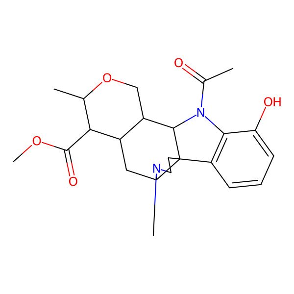 2D Structure of methyl (1R,5R,7R,8R,9S,12R,13S)-14-acetyl-16-hydroxy-4,9-dimethyl-10-oxa-4,14-diazapentacyclo[11.7.0.01,5.07,12.015,20]icosa-15(20),16,18-triene-8-carboxylate