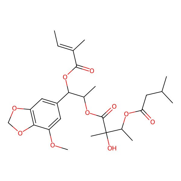 2D Structure of [(1R,2S)-1-(7-methoxy-1,3-benzodioxol-5-yl)-1-[(Z)-2-methylbut-2-enoyl]oxypropan-2-yl] 2-hydroxy-2-methyl-3-(3-methylbutanoyloxy)butanoate