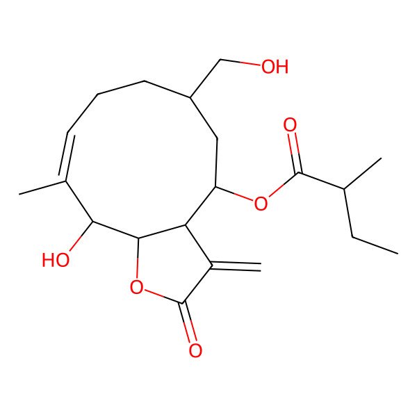 2D Structure of [(3aS,4R,6R,9E,11R,11aS)-11-hydroxy-6-(hydroxymethyl)-10-methyl-3-methylidene-2-oxo-3a,4,5,6,7,8,11,11a-octahydrocyclodeca[b]furan-4-yl] (2S)-2-methylbutanoate