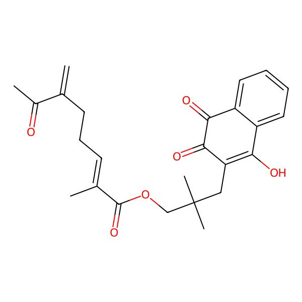 2D Structure of [3-(1-hydroxy-3,4-dioxonaphthalen-2-yl)-2,2-dimethylpropyl] (E)-2-methyl-6-methylidene-7-oxooct-2-enoate