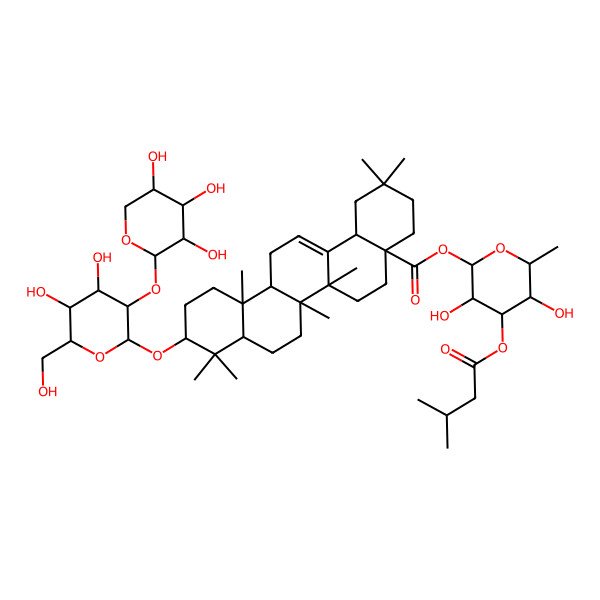 2D Structure of [(2S,3R,4R,5S,6S)-3,5-dihydroxy-6-methyl-4-(3-methylbutanoyloxy)oxan-2-yl] (4aS,6aR,6aS,6bR,8aR,10S,12aR,14bS)-10-[(2R,3R,4S,5S,6R)-4,5-dihydroxy-6-(hydroxymethyl)-3-[(2S,3R,4S,5R)-3,4,5-trihydroxyoxan-2-yl]oxyoxan-2-yl]oxy-2,2,6a,6b,9,9,12a-heptamethyl-1,3,4,5,6,6a,7,8,8a,10,11,12,13,14b-tetradecahydropicene-4a-carboxylate