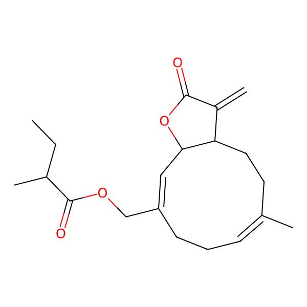 2D Structure of (6-Methyl-3-methylidene-2-oxo-3a,4,5,8,9,11a-hexahydrocyclodeca[b]furan-10-yl)methyl 2-methylbutanoate
