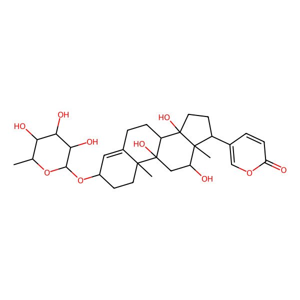 2D Structure of 5-[9,12,14-trihydroxy-10,13-dimethyl-3-(3,4,5-trihydroxy-6-methyloxan-2-yl)oxy-2,3,6,7,8,11,12,15,16,17-decahydro-1H-cyclopenta[a]phenanthren-17-yl]pyran-2-one