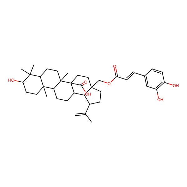2D Structure of (1R,3aS,5aS,5bR,7aR,9S,11aR,11bR,13aR,13bR)-3a-[[(E)-3-(3,4-dihydroxyphenyl)prop-2-enoyl]oxymethyl]-9-hydroxy-5b,8,8,11a-tetramethyl-1-prop-1-en-2-yl-1,2,3,4,5,6,7,7a,9,10,11,11b,12,13,13a,13b-hexadecahydrocyclopenta[a]chrysene-5a-carboxylic acid