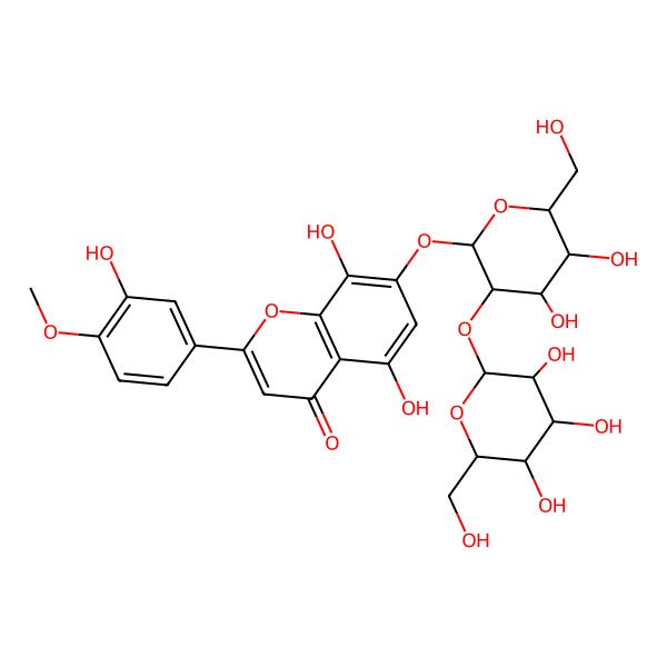 2D Structure of 7-[(2S,4S,5S,6R)-4,5-dihydroxy-6-(hydroxymethyl)-3-[(2S,3R,4R,5S,6R)-3,4,5-trihydroxy-6-(hydroxymethyl)oxan-2-yl]oxyoxan-2-yl]oxy-5,8-dihydroxy-2-(3-hydroxy-4-methoxyphenyl)chromen-4-one