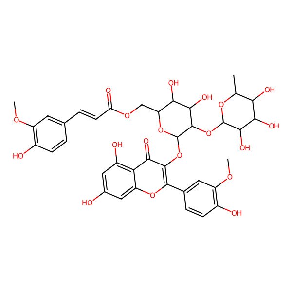 2D Structure of [(2R,3S,4S,5R,6S)-6-[5,7-dihydroxy-2-(4-hydroxy-3-methoxyphenyl)-4-oxochromen-3-yl]oxy-3,4-dihydroxy-5-[(2S,3R,4R,5R,6S)-3,4,5-trihydroxy-6-methyloxan-2-yl]oxyoxan-2-yl]methyl (E)-3-(4-hydroxy-3-methoxyphenyl)prop-2-enoate