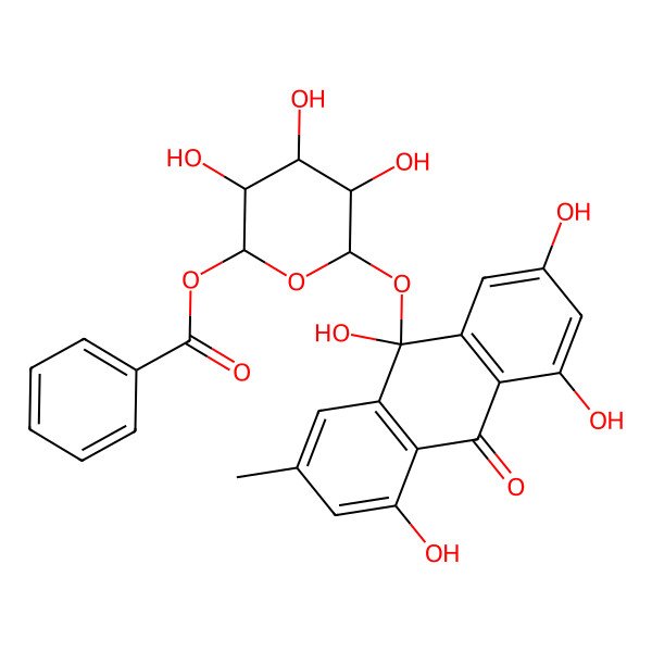 2D Structure of [3,4,5-Trihydroxy-6-(2,4,5,9-tetrahydroxy-7-methyl-10-oxoanthracen-9-yl)oxyoxan-2-yl] benzoate