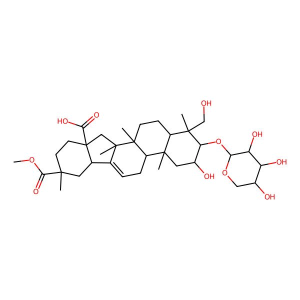 2D Structure of (1R,2R,3S,4aR,4bR,6bS,8S,10aS,11aS,11bR,13aR)-3-hydroxy-1-(hydroxymethyl)-8-methoxycarbonyl-1,4a,8,11a,11b-pentamethyl-2-[(2S,3R,4S,5R)-3,4,5-trihydroxyoxan-2-yl]oxy-3,4,4b,5,6b,7,9,10,11,12,13,13a-dodecahydro-2H-indeno[2,1-a]phenanthrene-10a-carboxylic acid