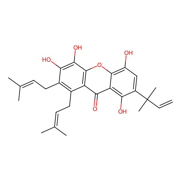 2D Structure of 3,4,5,8-Tetrahydroxy-7-(2-methylbut-3-en-2-yl)-1,2-bis(3-methylbut-2-enyl)xanthen-9-one