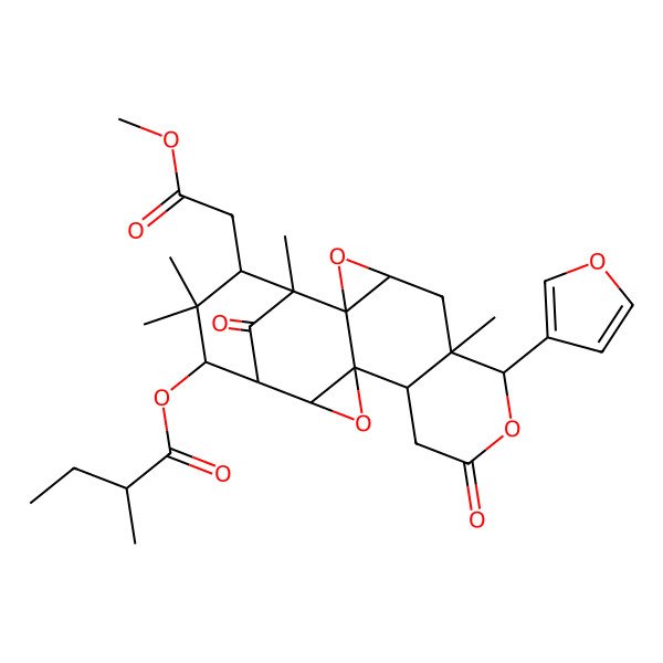 2D Structure of [(1S,2R,4R,6R,7R,11R,12R,14R,15R,16R,18S)-7-(furan-3-yl)-18-(2-methoxy-2-oxoethyl)-1,6,17,17-tetramethyl-9,19-dioxo-3,8,13-trioxahexacyclo[13.3.1.02,4.02,12.06,11.012,14]nonadecan-16-yl] (2R)-2-methylbutanoate