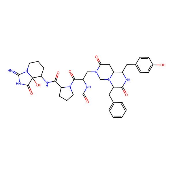 2D Structure of N-(8a-hydroxy-3-imino-1-oxo-5,6,7,8-tetrahydroimidazo[1,5-a]pyridin-8-yl)-1-[3-[4-benzyl-1-[(4-hydroxyphenyl)methyl]-3,8-dioxo-1,2,4,6,9,9a-hexahydropyrazino[1,2-c]pyrimidin-7-yl]-2-formamidopropanoyl]pyrrolidine-2-carboxamide