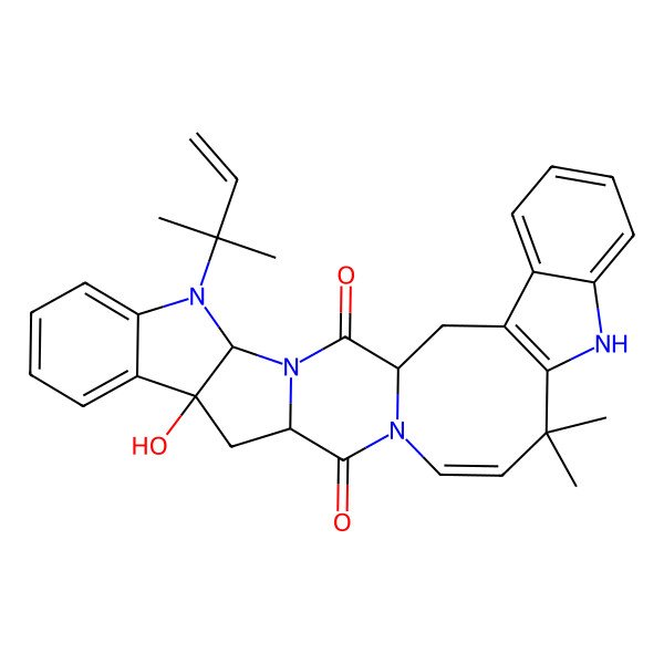 2D Structure of 12-Hydroxy-19,19-dimethyl-5-(2-methylbut-3-en-2-yl)-3,5,16,21-tetrazaheptacyclo[14.13.0.03,14.04,12.06,11.020,28.022,27]nonacosa-6,8,10,17,20(28),22,24,26-octaene-2,15-dione