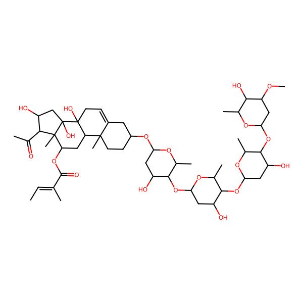 2D Structure of [(3S,8S,9R,10R,12R,13S,14R,16R,17R)-17-acetyl-8,14,16-trihydroxy-3-[(2R,4S,5S,6R)-4-hydroxy-5-[(2S,4S,5S,6R)-4-hydroxy-5-[(2S,4S,5S,6R)-4-hydroxy-5-[(2S,4R,5R,6R)-5-hydroxy-4-methoxy-6-methyloxan-2-yl]oxy-6-methyloxan-2-yl]oxy-6-methyloxan-2-yl]oxy-6-methyloxan-2-yl]oxy-10,13-dimethyl-2,3,4,7,9,11,12,15,16,17-decahydro-1H-cyclopenta[a]phenanthren-12-yl] (E)-2-methylbut-2-enoate