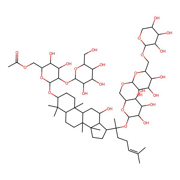 2D Structure of [3,4-dihydroxy-6-[[12-hydroxy-4,4,8,10,14-pentamethyl-17-[6-methyl-2-[3,4,5-trihydroxy-6-[[3,4,5-trihydroxy-6-[(3,4,5-trihydroxyoxan-2-yl)oxymethyl]oxan-2-yl]oxymethyl]oxan-2-yl]oxyhept-5-en-2-yl]-2,3,5,6,7,9,11,12,13,15,16,17-dodecahydro-1H-cyclopenta[a]phenanthren-3-yl]oxy]-5-[3,4,5-trihydroxy-6-(hydroxymethyl)oxan-2-yl]oxyoxan-2-yl]methyl acetate