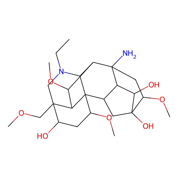 2D Structure of (1R,2R,3S,4S,5R,6R,8R,9R,10S,13S,14S,16R,17R,18S)-8-amino-11-ethyl-6,16,18-trimethoxy-13-(methoxymethyl)-11-azahexacyclo[7.7.2.12,5.01,10.03,8.013,17]nonadecane-4,5,14-triol