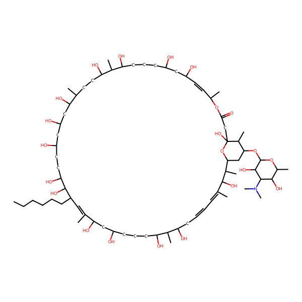 2D Structure of (6E,30E,42E,44E)-50-[(2R,3R,5S,6R)-4-(dimethylamino)-3,5-dihydroxy-6-methyloxan-2-yl]oxy-29-hexyl-1,8,10,14,16,20,22,24,27,28,32,34,38,40,46-pentadecahydroxy-5,15,19,31,39,45,47,51-octamethyl-4,52-dioxabicyclo[46.3.1]dopentaconta-6,30,42,44-tetraen-3-one