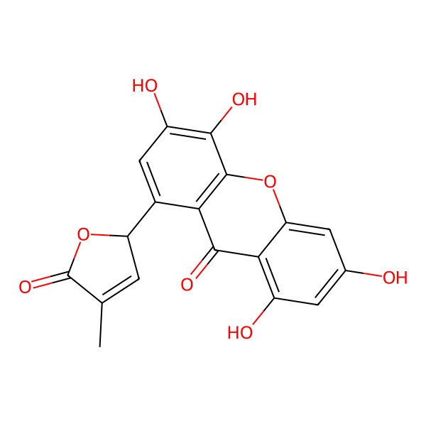 2D Structure of 3,4,6,8-tetrahydroxy-1-[(2S)-4-methyl-5-oxo-2H-furan-2-yl]xanthen-9-one