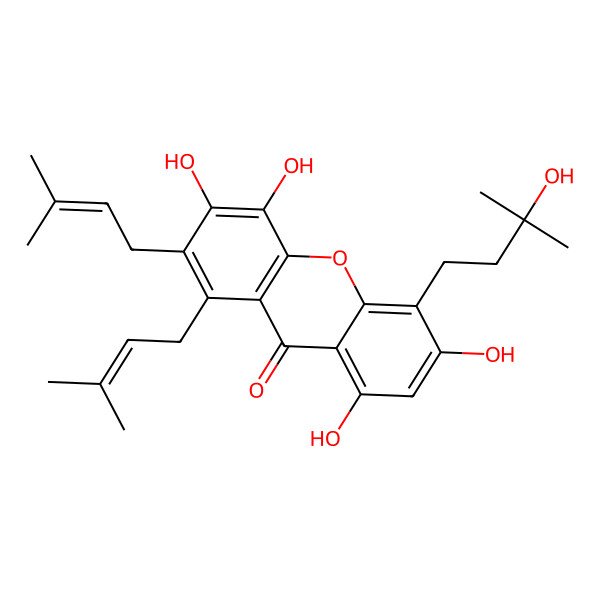 2D Structure of 3,4,6,8-Tetrahydroxy-5-(3-hydroxy-3-methylbutyl)-1,2-bis(3-methylbut-2-enyl)xanthen-9-one