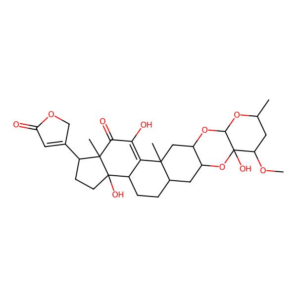 2D Structure of (1R,3R,5S,6R,8R,10S,12R,14S,18R,19R,22S,23R)-5,16,22-trihydroxy-6-methoxy-8,14,18-trimethyl-19-(5-oxo-2H-furan-3-yl)-4,9,11-trioxahexacyclo[12.11.0.03,12.05,10.015,23.018,22]pentacos-15-en-17-one