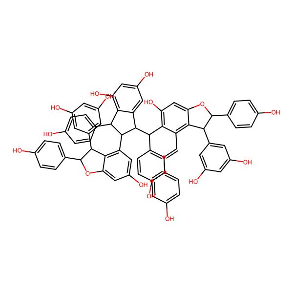 2D Structure of 2-[3-(3,5-dihydroxyphenyl)-6-hydroxy-2-(4-hydroxyphenyl)-2,3-dihydro-1-benzofuran-4-yl]-1-[[3-(3,5-dihydroxyphenyl)-6-hydroxy-2-(4-hydroxyphenyl)-4-[2-(4-hydroxyphenyl)ethenyl]-2,3-dihydro-1-benzofuran-5-yl]-(4-hydroxyphenyl)methyl]-3-(4-hydroxyphenyl)-2,3-dihydro-1H-indene-4,6-diol