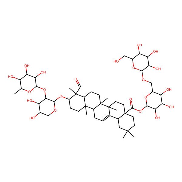 2D Structure of [(2S,3R,4S,5S,6R)-3,4,5-trihydroxy-6-[[(2R,3R,4S,5S,6R)-3,4,5-trihydroxy-6-(hydroxymethyl)oxan-2-yl]oxymethyl]oxan-2-yl] (4aS,6aR,6aS,6bR,8aR,9S,10S,12aR,14bS)-10-[(2S,3R,4S,5S)-4,5-dihydroxy-3-[(2S,3R,4R,5R,6S)-3,4,5-trihydroxy-6-methyloxan-2-yl]oxyoxan-2-yl]oxy-9-formyl-2,2,6a,6b,9,12a-hexamethyl-1,3,4,5,6,6a,7,8,8a,10,11,12,13,14b-tetradecahydropicene-4a-carboxylate