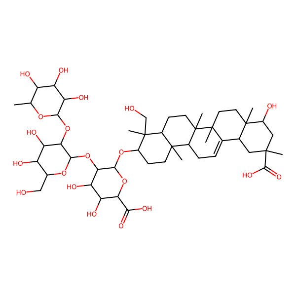 2D Structure of (2S,3S,4S,5R,6R)-6-[[(3S,4S,4aR,6aR,6bS,8aR,9R,11S,12aS,14aR,14bR)-11-carboxy-9-hydroxy-4-(hydroxymethyl)-4,6a,6b,8a,11,14b-hexamethyl-1,2,3,4a,5,6,7,8,9,10,12,12a,14,14a-tetradecahydropicen-3-yl]oxy]-5-[(2S,3R,4S,5R,6R)-4,5-dihydroxy-6-(hydroxymethyl)-3-[(2S,3R,4R,5R,6S)-3,4,5-trihydroxy-6-methyloxan-2-yl]oxyoxan-2-yl]oxy-3,4-dihydroxyoxane-2-carboxylic acid
