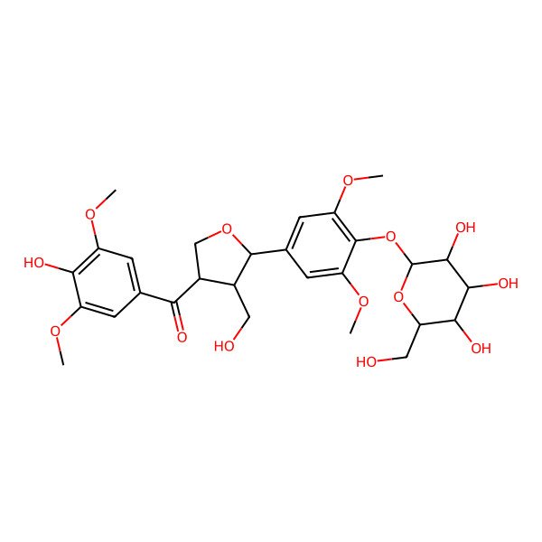 2D Structure of [5-[3,5-dimethoxy-4-[(2S,3R,4S,5S,6R)-3,4,5-trihydroxy-6-(hydroxymethyl)oxan-2-yl]oxyphenyl]-4-(hydroxymethyl)oxolan-3-yl]-(4-hydroxy-3,5-dimethoxyphenyl)methanone