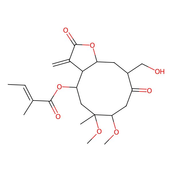 2D Structure of [(3aS,4R,6R,7S,10R,11aS)-10-(hydroxymethyl)-6,7-dimethoxy-6-methyl-3-methylidene-2,9-dioxo-3a,4,5,7,8,10,11,11a-octahydrocyclodeca[b]furan-4-yl] (Z)-2-methylbut-2-enoate