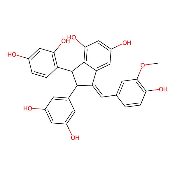 2D Structure of 3-(2,4-Dihydroxyphenyl)-2-(3,5-dihydroxyphenyl)-1-[(4-hydroxy-3-methoxyphenyl)methylidene]-2,3-dihydroindene-4,6-diol