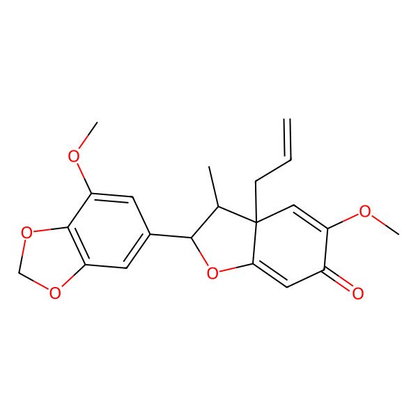 2D Structure of (2S,3R,3aR)-5-methoxy-2-(7-methoxy-1,3-benzodioxol-5-yl)-3-methyl-3a-prop-2-enyl-2,3-dihydro-1-benzofuran-6-one