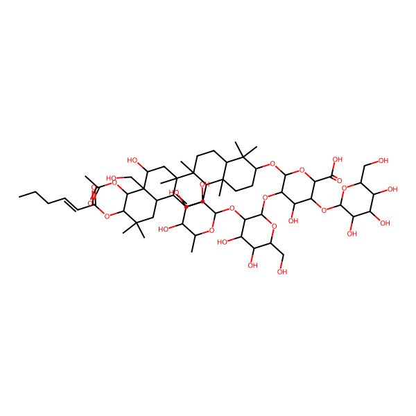 2D Structure of (2S,3S,4S,5R,6R)-6-[[(3S,4aR,6aR,6bS,8R,8aR,9R,10R,12aS,14aR,14bR)-9-acetyloxy-10-[(E)-hex-2-enoyl]oxy-8-hydroxy-8a-(hydroxymethyl)-4,4,6a,6b,11,11,14b-heptamethyl-1,2,3,4a,5,6,7,8,9,10,12,12a,14,14a-tetradecahydropicen-3-yl]oxy]-5-[(2S,3R,4S,5R,6R)-4,5-dihydroxy-6-(hydroxymethyl)-3-[(2S,3R,4R,5R,6S)-3,4,5-trihydroxy-6-methyloxan-2-yl]oxyoxan-2-yl]oxy-4-hydroxy-3-[(2S,3R,4S,5S,6R)-3,4,5-trihydroxy-6-(hydroxymethyl)oxan-2-yl]oxyoxane-2-carboxylic acid