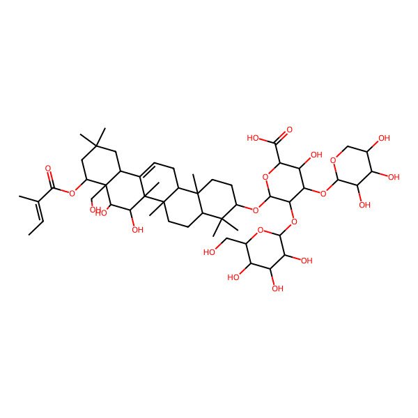 2D Structure of (2S,3S,4S,5R,6S)-6-[[(3S,4aR,6aR,6bS,7R,8S,8aR,9S,12aS,14aR,14bR)-7,8-dihydroxy-8a-(hydroxymethyl)-4,4,6a,6b,11,11,14b-heptamethyl-9-[(Z)-2-methylbut-2-enoyl]oxy-1,2,3,4a,5,6,7,8,9,10,12,12a,14,14a-tetradecahydropicen-3-yl]oxy]-3-hydroxy-5-[(2S,3R,4S,5S,6R)-3,4,5-trihydroxy-6-(hydroxymethyl)oxan-2-yl]oxy-4-[(2S,3R,4S,5S)-3,4,5-trihydroxyoxan-2-yl]oxyoxane-2-carboxylic acid