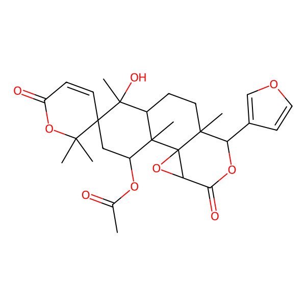 2D Structure of [(1R,2S,3R,5S,6S,7S,10S,11S,14S)-11-(furan-3-yl)-6-hydroxy-2,2',2',6,10-pentamethyl-6',13-dioxospiro[12,15-dioxatetracyclo[8.5.0.01,14.02,7]pentadecane-5,3'-pyran]-3-yl] acetate